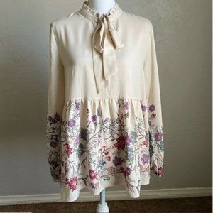 Les Amis Los Angeles Floral Hem  Bow Neck Blouse L Cream Pink Purple